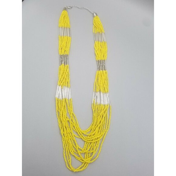 Multi-Strand Necklace Yellow Seed Bead Silver Tubes and Balls - Picture 1 of 6